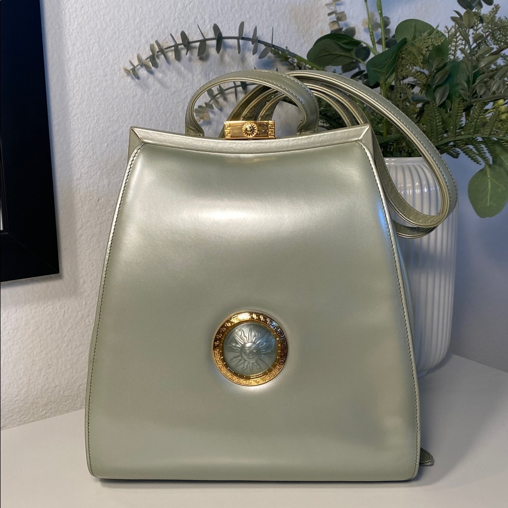 GIANNI VERSACE Rare Vintage Pastel Green Sunburst Patent Leather Backpack